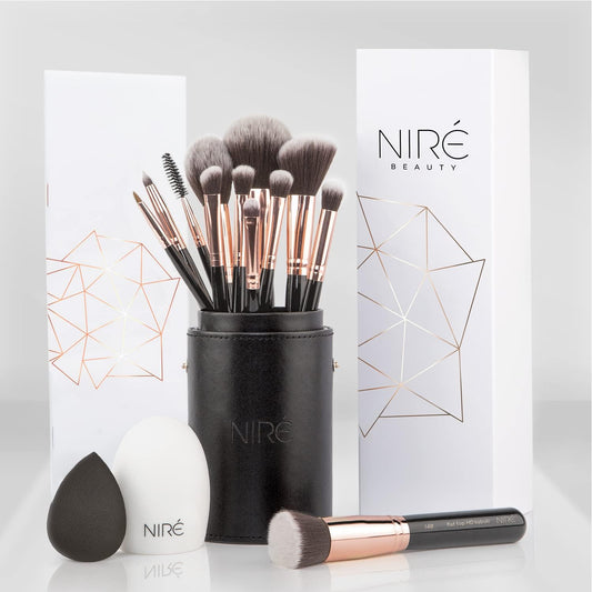 Niré Beauty – Set Profesional de 15 Brochas + Estuche, Esponja y Limpiador (Incluye Guía y Caja de Regalo)