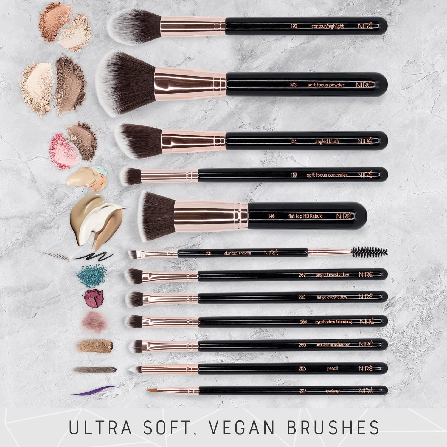 Niré Beauty – Set Profesional de 15 Brochas + Estuche, Esponja y Limpiador (Incluye Guía y Caja de Regalo)