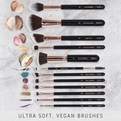 Niré Beauty – Set Profesional de 15 Brochas + Estuche, Esponja y Limpiador (Incluye Guía y Caja de Regalo)